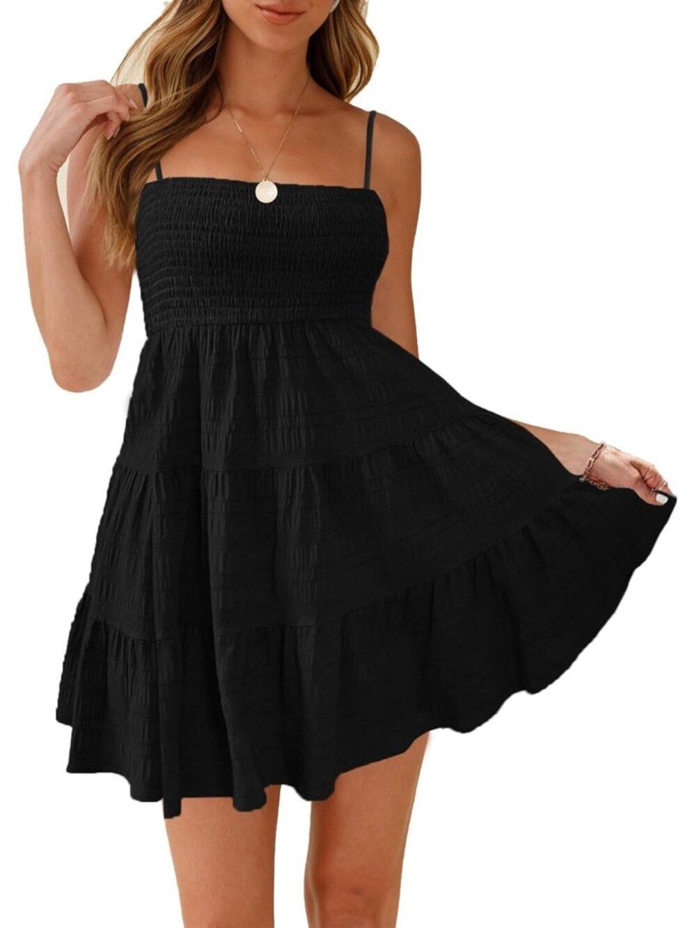 Women's Black Spaghetti Strap Sleeveless Smock Cami Mini Dress Summer Flowy Boho